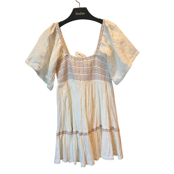 Babydoll Mini Dress Free People Smocked Puff Sleeve Square Neck S Boho Festival - Picture 2 of 11